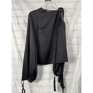 STYLE MAFIA Black One Shoulder Asymmetrical Sleeve Drawstring Top XS